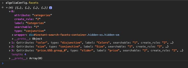 Screenshot of a code editor showing four Algolia facets: 'Categories', 'Colors', 'Size', and 'price', with attributes like 'attribute' and 'type'.