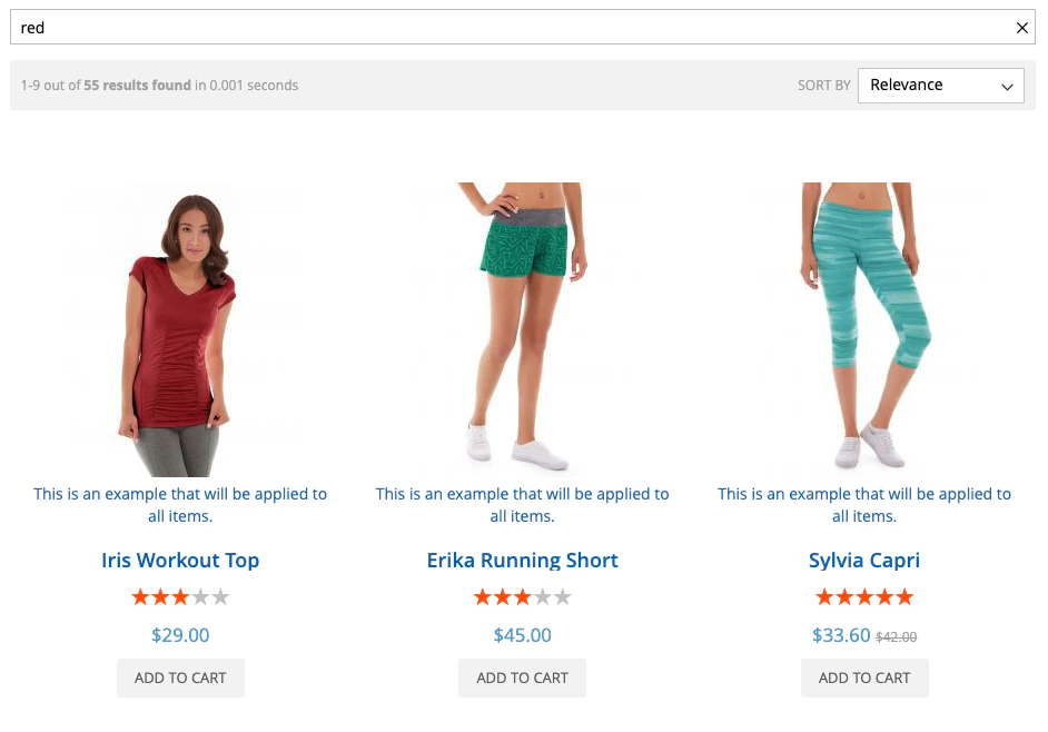 Screenshot of an InstantSearch page showing three products: 'Iris Workout Top', 'Erika Running Short', and 'Sylvia Capri', each with price, rating, and 'ADD TO CART' button.