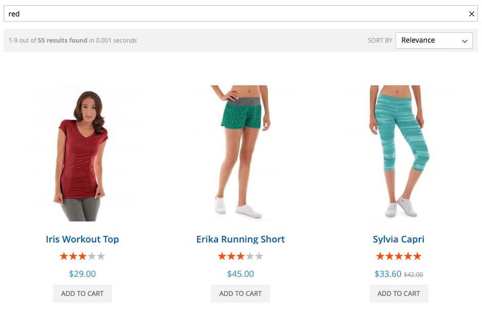 Screenshot of InstantSearch hits showing 'Iris Workout Top', 'Erika Running Short', and 'Sylvia Capri' with prices and 'ADD TO CART' buttons.