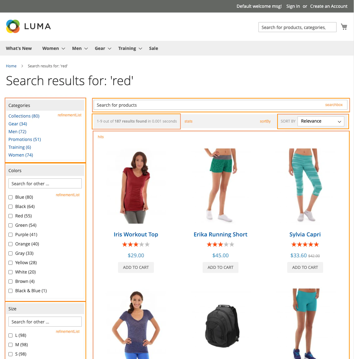 Screenshot of a search results page with a 'Search for products' input, 'SORT BY' drop-down menu, and filter panels for 'Categories,' 'Colors,' and 'Size.'