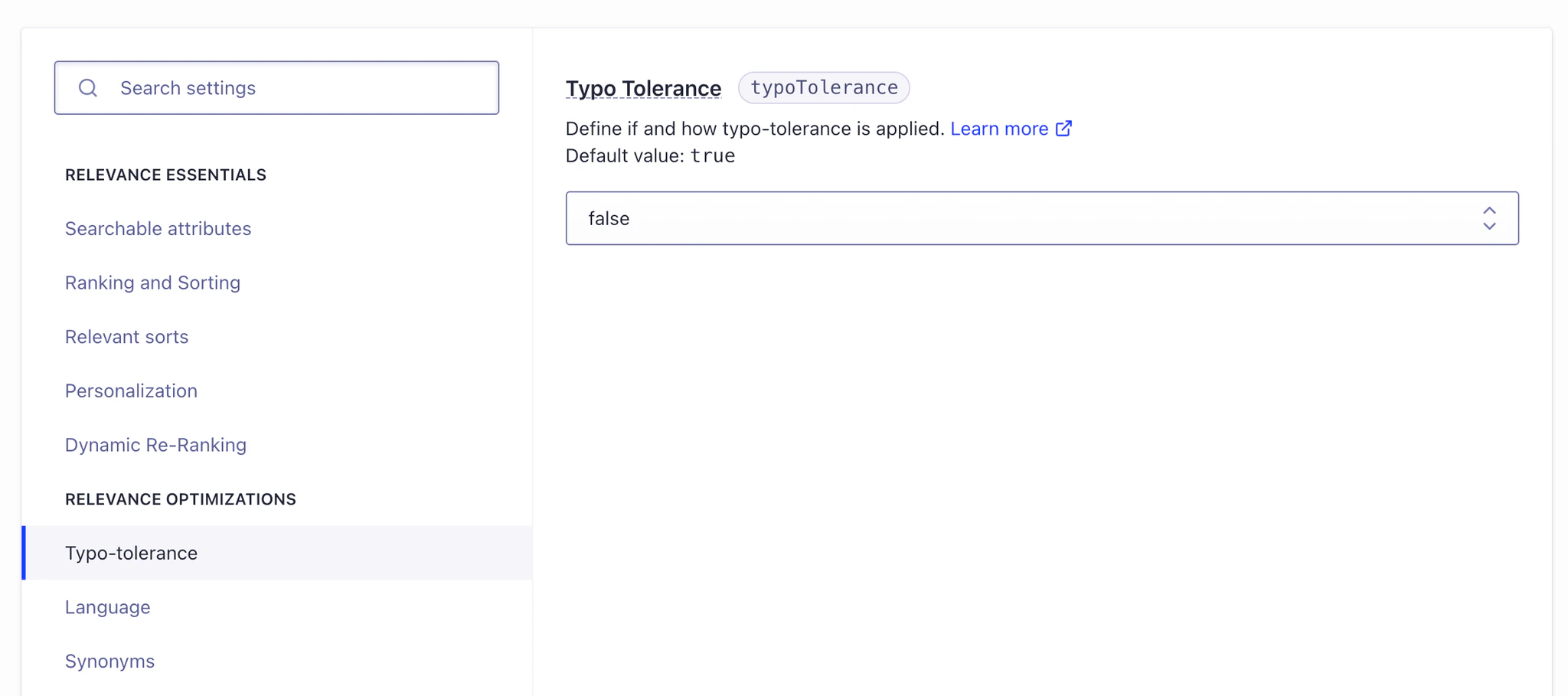 Example: Setting typo tolerance to a non default value from the Algolia Dashboard