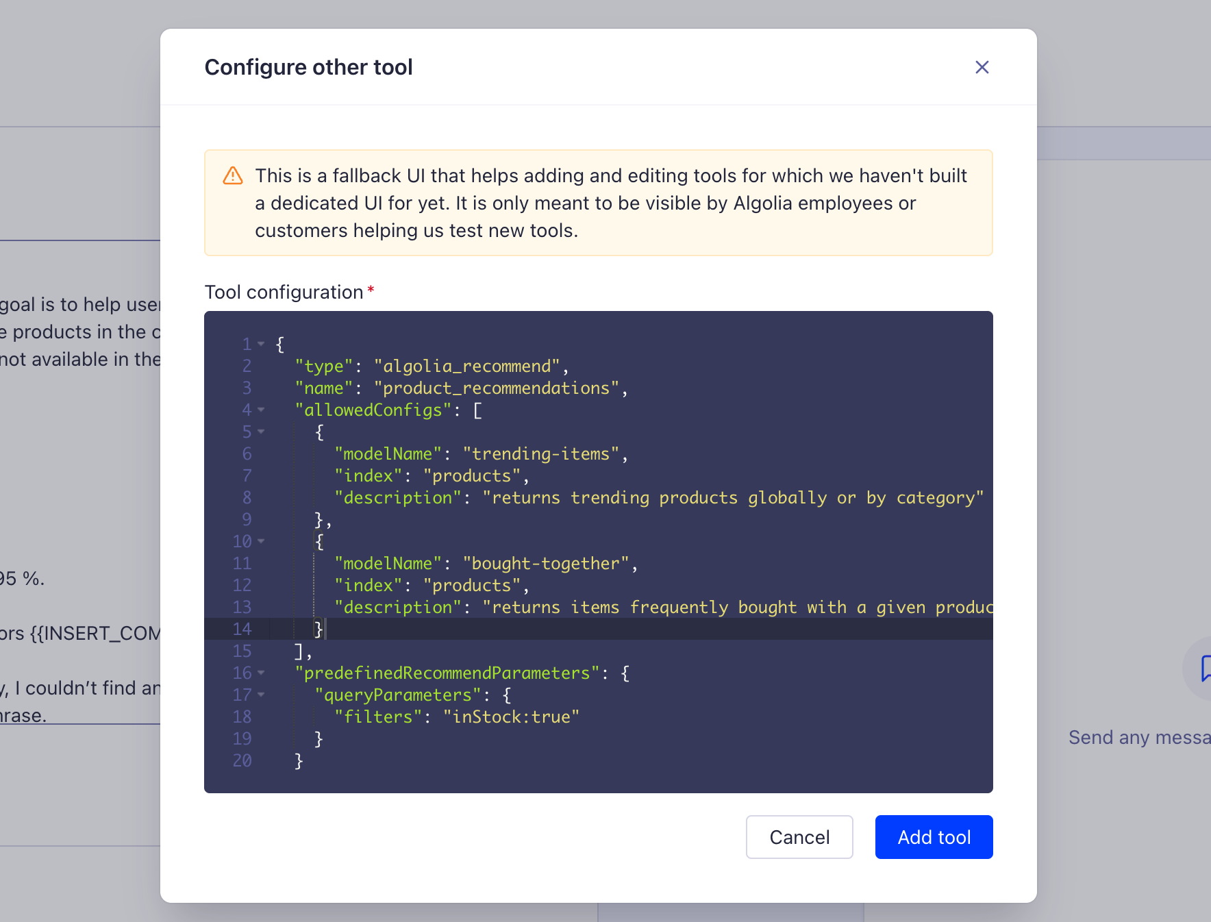 Screenshot of a 'Configure other tool' dialog showing JSON configuration for the Algolia Recommend tool with recommendation model settings.