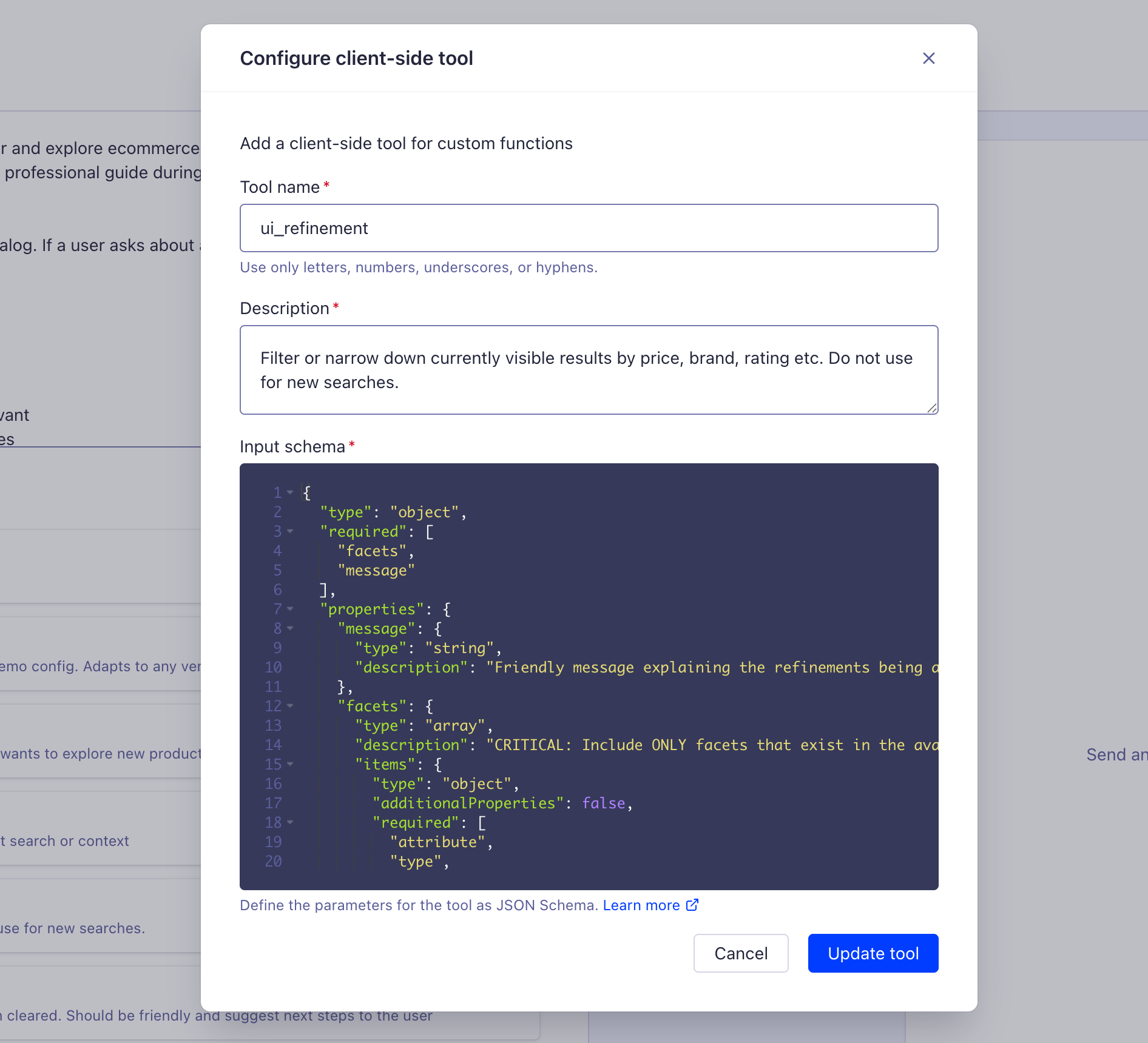 Screenshot of a 'Configure client-side tool' dialog with fields for 'Tool name', 'Description', and 'Input schema', plus 'Cancel' and 'Update tool' buttons.