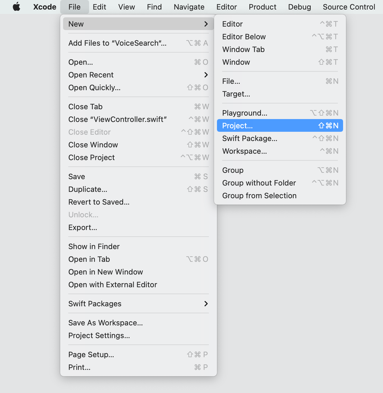 Screenshot of the Xcode 'File' menu with the 'New' sub-menu open, highlighting the 'Project' option.