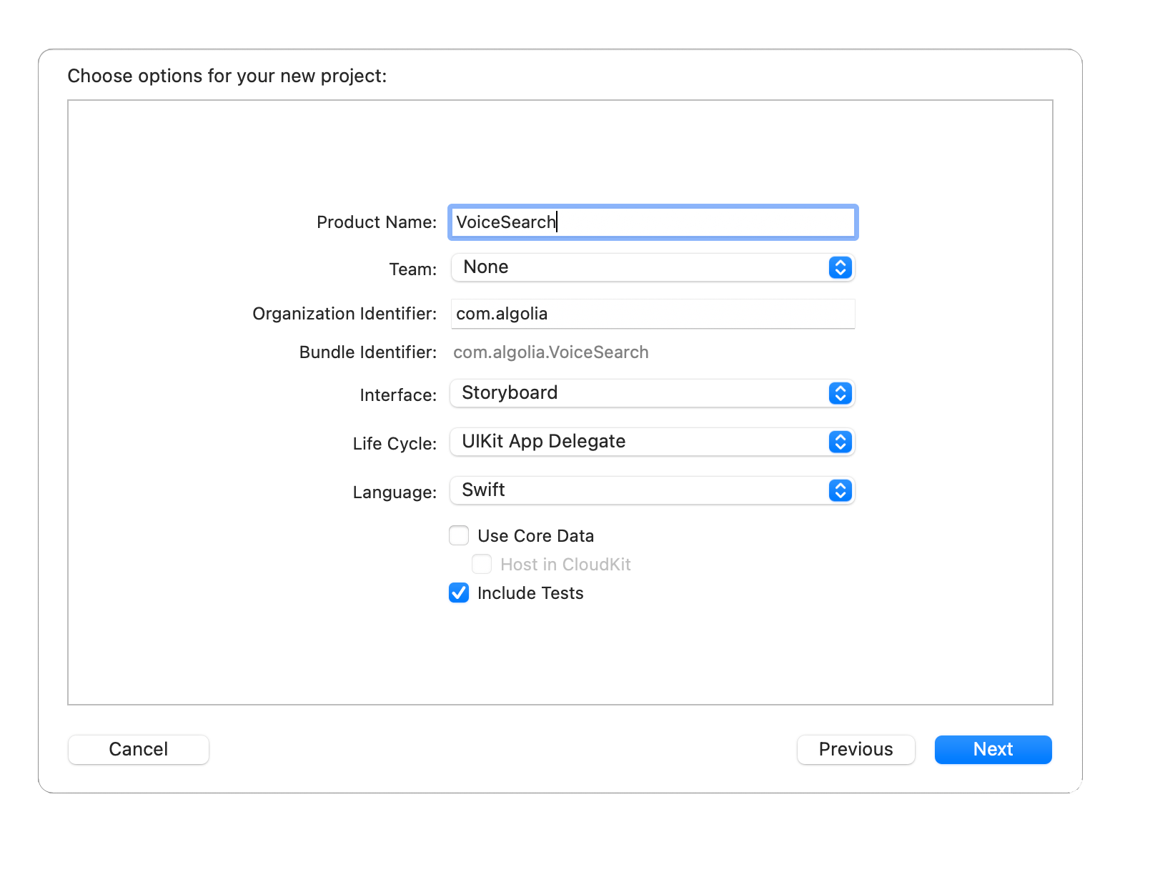 Screenshot of the 'Product Name' input field in the Xcode project creation window, which is filled with 'VoiceSearch'.
