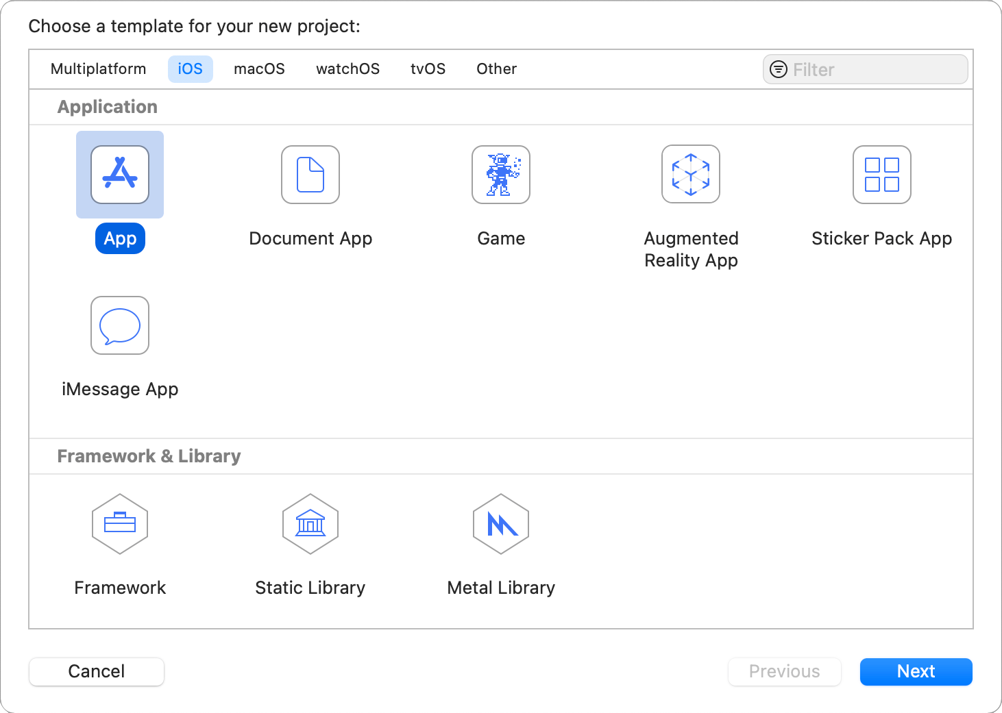 Screenshot of the Xcode template selection screen with 'App' selected under iOS, showing options like 'Document App' and 'Game', with a 'Next' button.