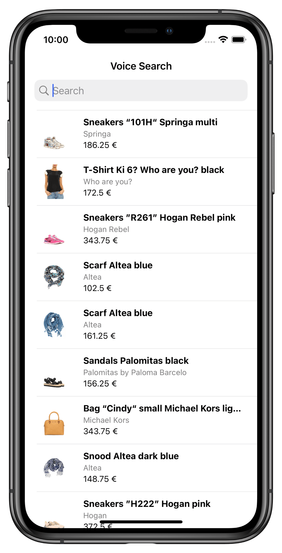 Screenshot of a phone displaying a 'Voice Search' app with a search box and product listings including 'Sneakers '101H' Springa multi' and 'T-Shirt Ki 6? Who are you? black'.