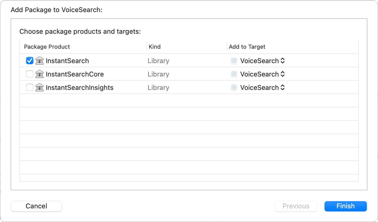 Screenshot of a dialog to add packages to VoiceSearch, with 'InstantSearch' selected and a 'Finish' button.
