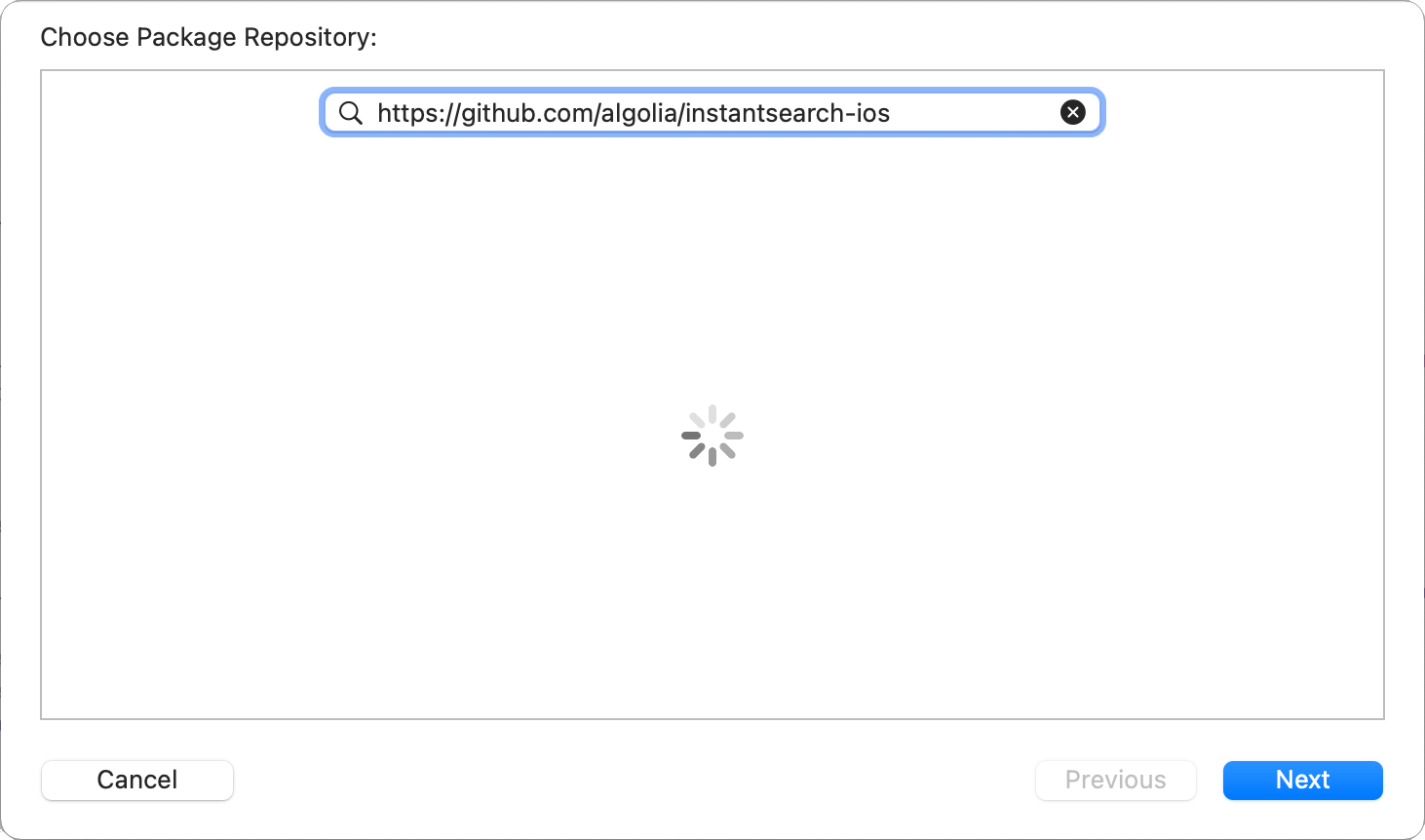 Screenshot of a 'Choose Package Repository' dialog with a URL input showing 'https://github.com/Algolia/InstantSearch-ios' and a loading spinner.