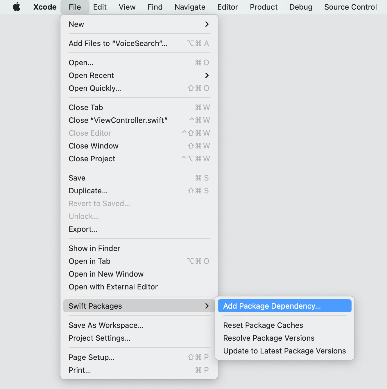 Screenshot of the Xcode 'File' menu with 'Swift Packages' selected, showing the 'Add Package Dependency' option highlighted.