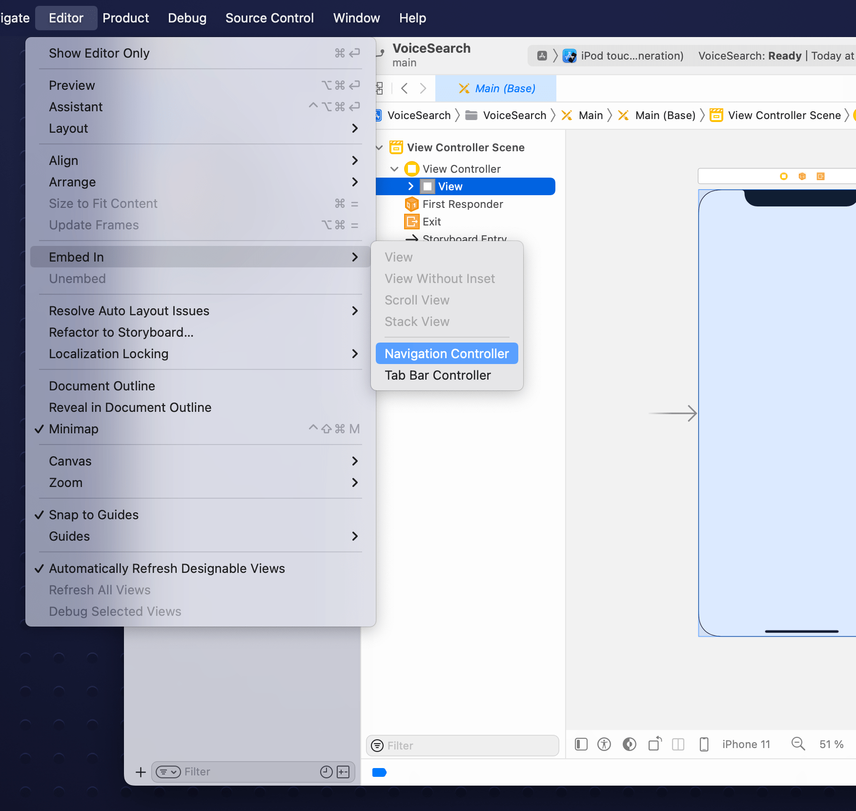 Screenshot of Xcode interface showing a context menu with 'Navigation Controller' highlighted under the 'Embed In' option.