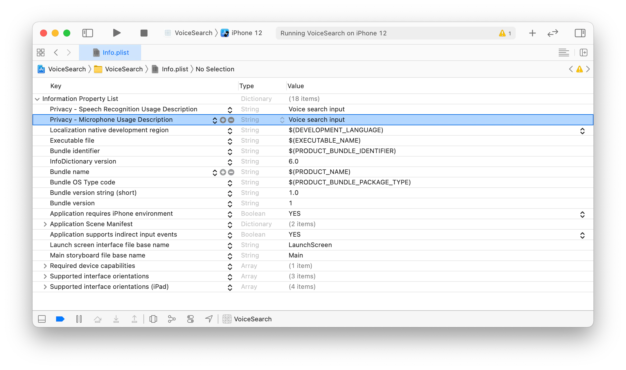 Screenshot of the Xcode Info.plist editor showing the 'Privacy - Microphone Usage Description' key with the value 'Voice search input' highlighted.