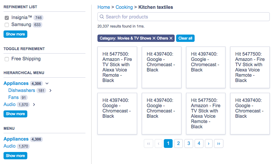 Screenshot of a search results page with product cards, a 'Category: Movies and TV Shows' filter, and a pagination bar.