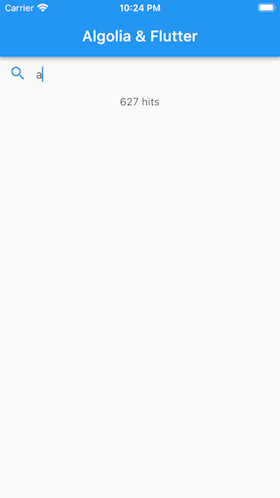 Screenshot of app showing search box with 'a' entered and '627 hits' displayed below.