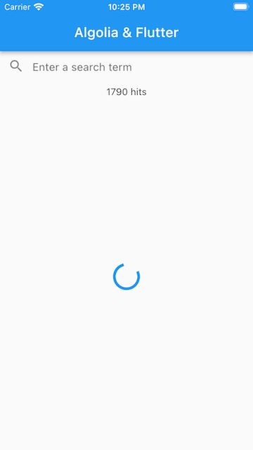 Screenshot of app showing a search box, '1790 hits' text, and a blue loading indicator in the center.