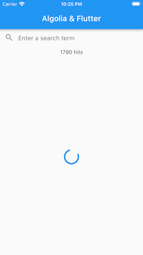 Screenshot of app showing a search box, '1790 hits' text, and a blue loading indicator in the center.