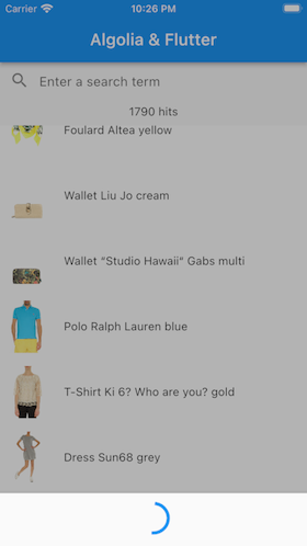 Screenshot of app showing results and a loading indicator