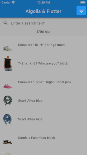 Screenshot of app showing the 'Algolia and Flutter' search interface with a list of products and a facets button in the top right.