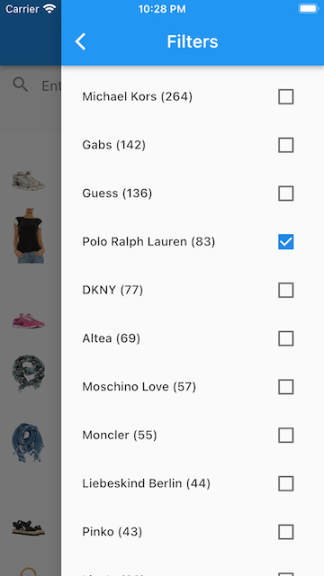 Screenshot of app showing available facet values with checkboxes for filtering, including 'Polo Ralph Lauren' selected.