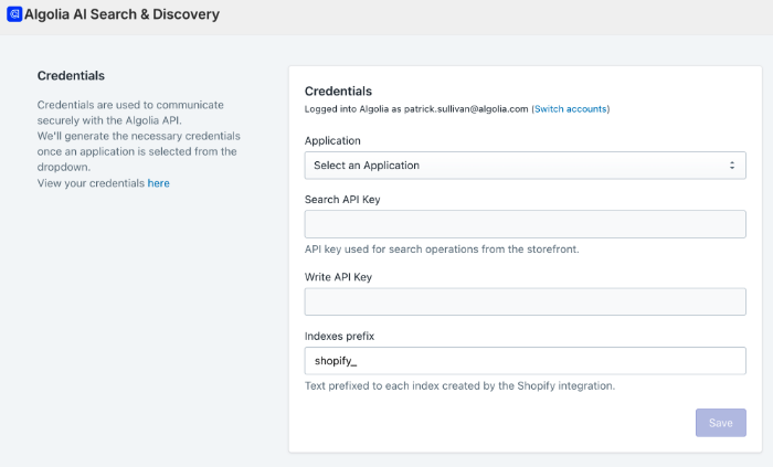 Algolia AI Search & Discovery configuration with a menu to select your Algolia application, API keys, and index prefix