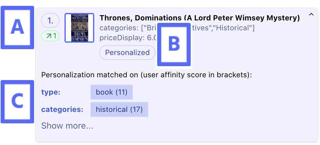 Screenshot of a personalization simulator showing a book result with 'Personalized' label and matching criteria: 'type: book' and 'categories: historical'.
