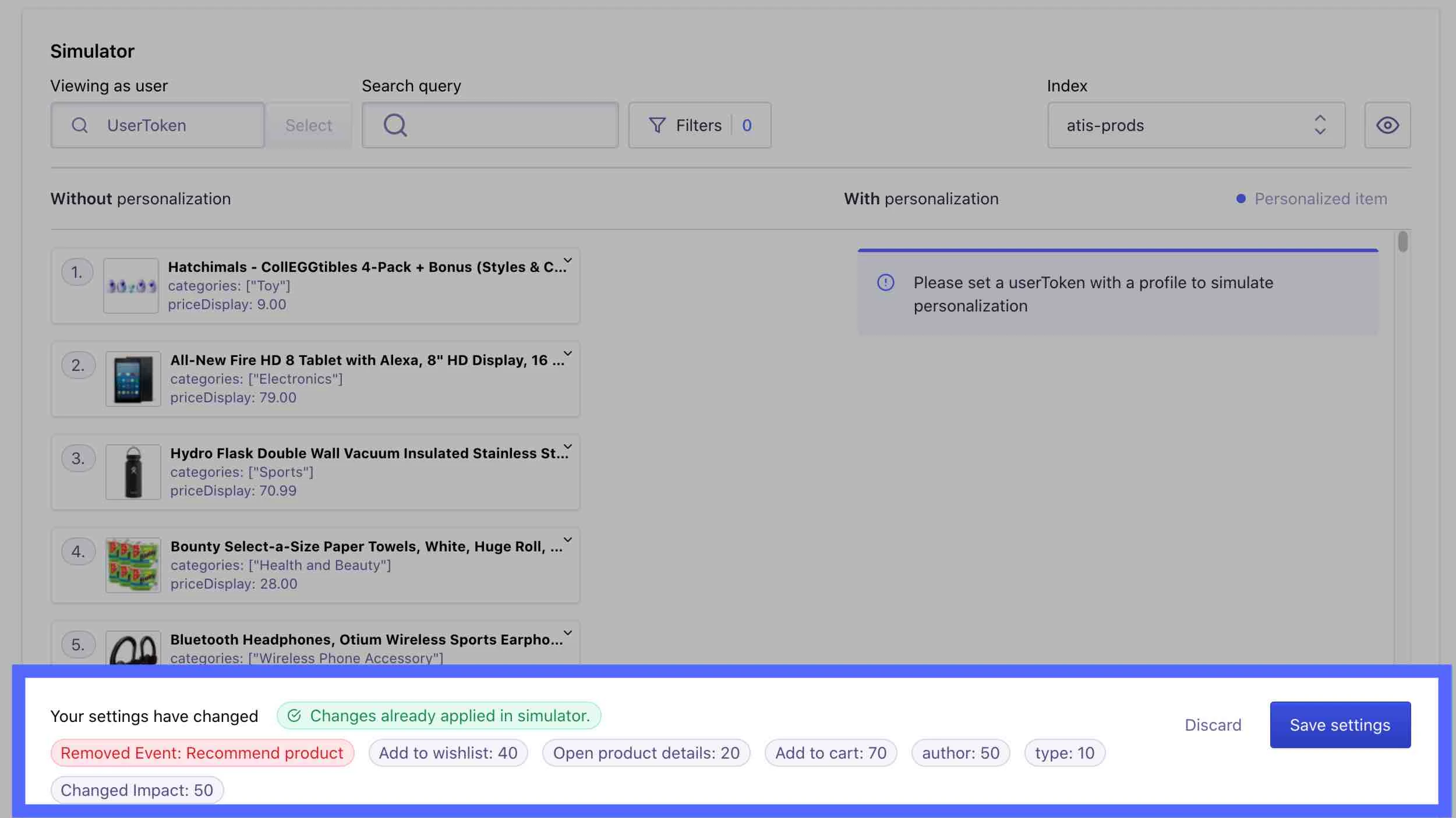 Screenshot of the Personalization simulator with a notification that 'Your settings have changed' and a 'Save settings' button.