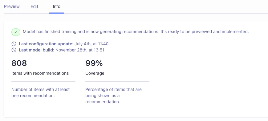 Screenshot of a model training summary showing 808 items with recommendations and 99% coverage.