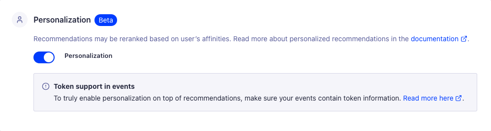 Screenshot of a "Personalization" settings page with an enabled toggle and a note about "Token support in events".
