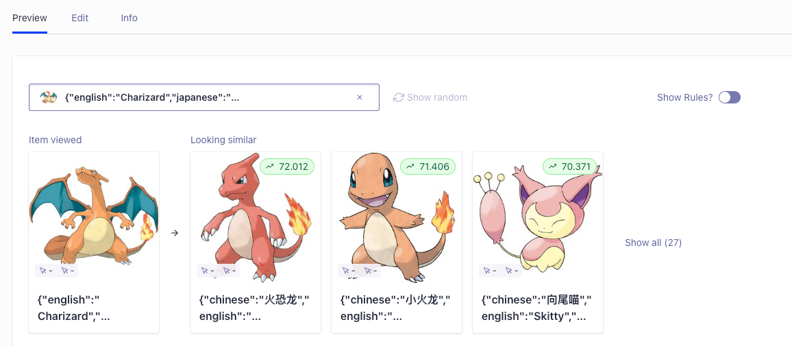 Screenshot of image-based recommendations showing a selected item and visually similar results with confidence scores.