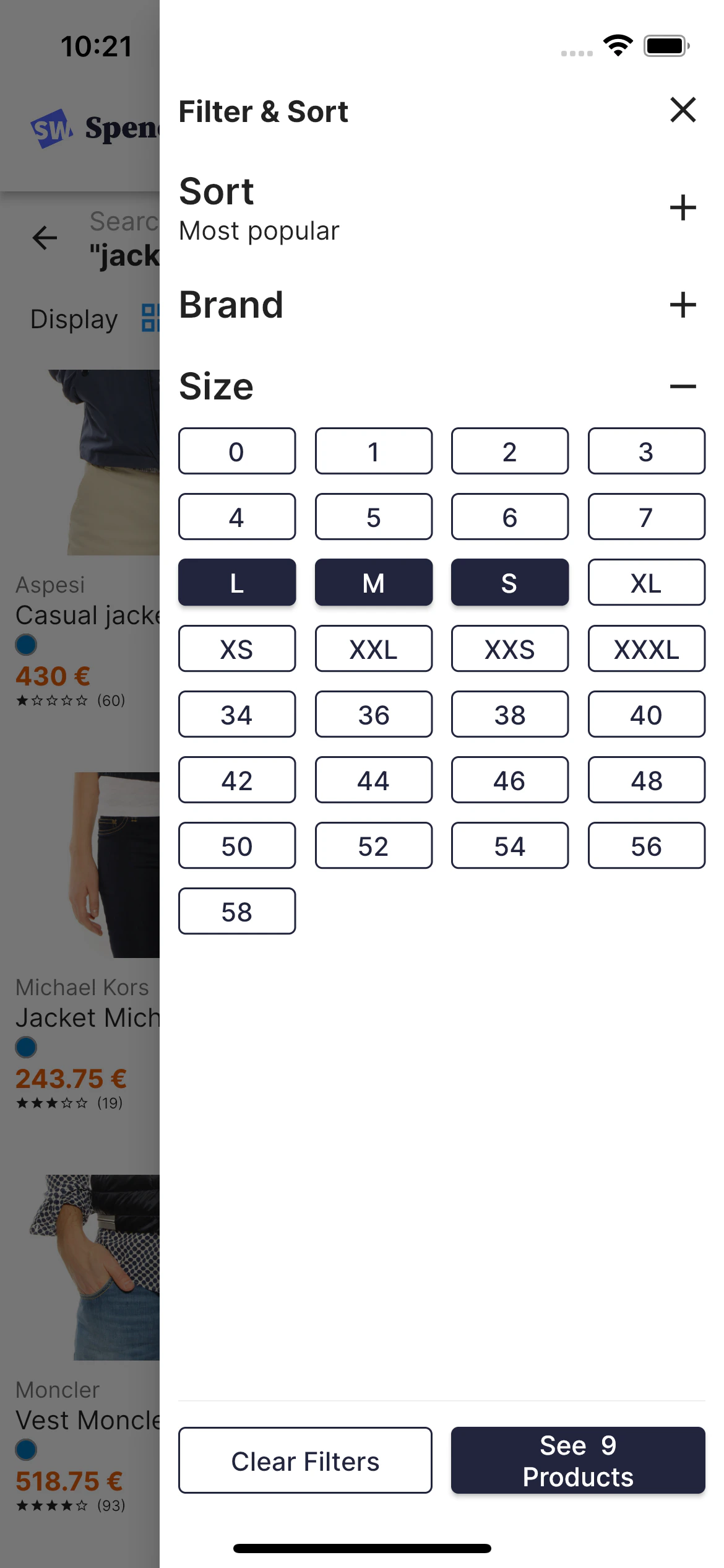 Screenshot of a mobile ecommerce app's 'Filter and Sort' panel showing size options with 'M' and 'S' selected, and a 'See 9 Products' button.