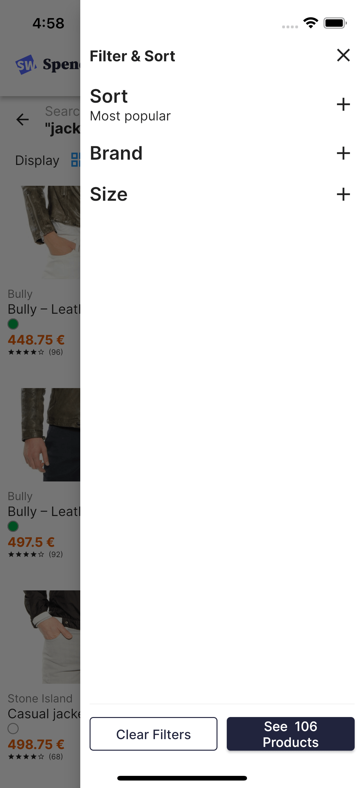 Screenshot of a 'Filter and Sort' drawer with 'Sort', 'Brand', and 'Size' options, plus icons, and 'Clear Filters' and 'See 106 Products' buttons.