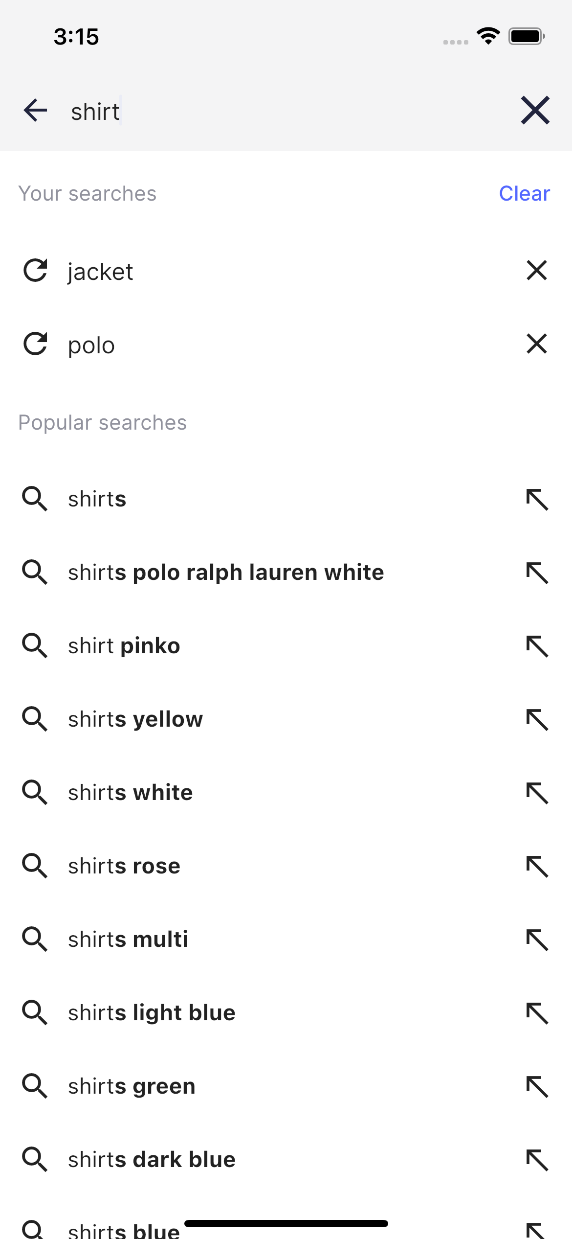 Screenshot of a mobile search interface with 'shirt' entered, showing recent searches and popular searches like 'shirts' and color variations.