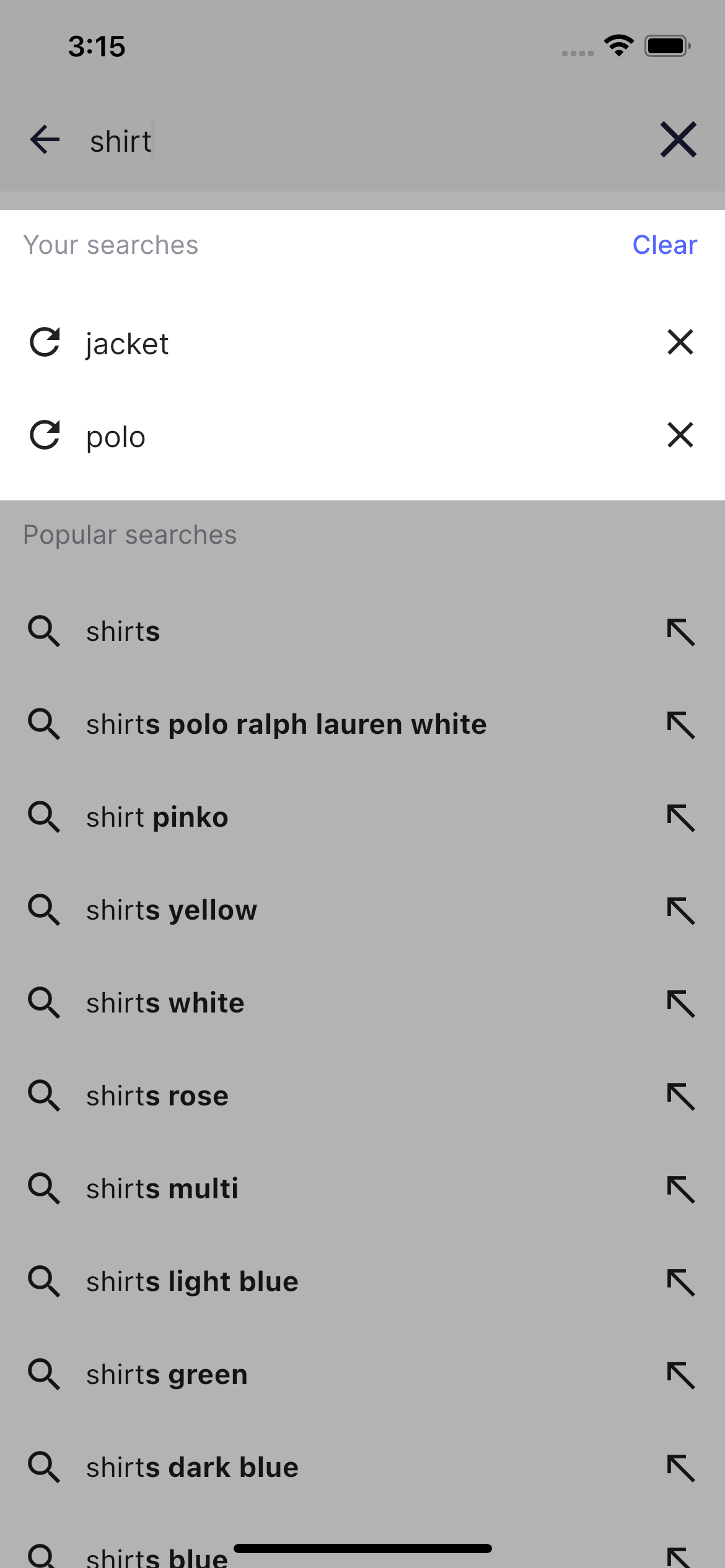 Screenshot of the search history section showing 'jacket' and 'polo' with a 'Clear' button and popular searches like 'shirts polo a designer brand white'.