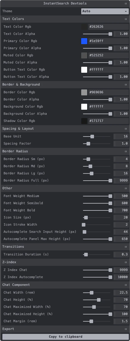 InstantSearch.css developer tools