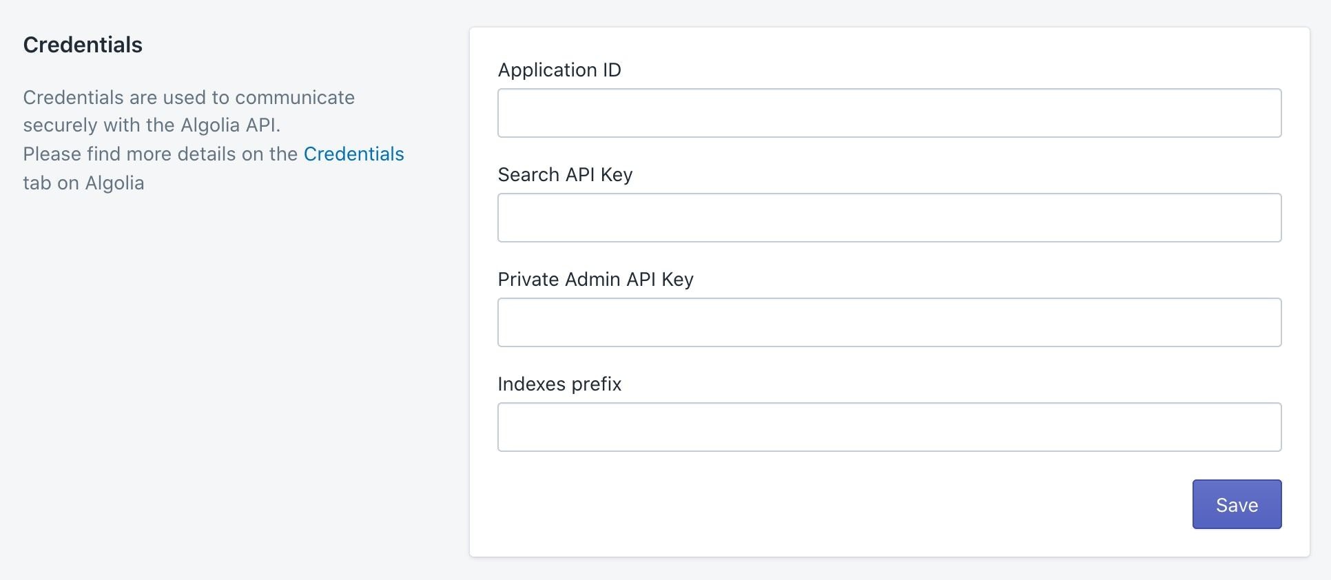 Credentials page in the Algolia AI Search & Discovery app. Paste your Algolia credentials into the fields.
