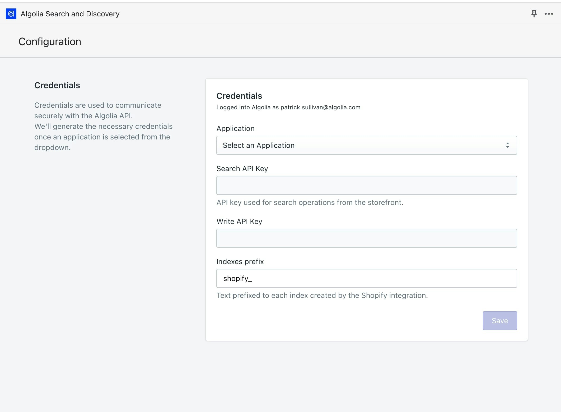 Configuration dialog for Algolia AI Search & Discovery with a menu to select your Algolia application and fields for your API keys and index prefix