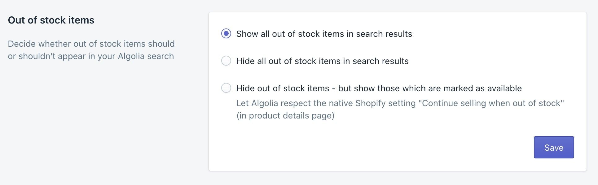 Dialog for handling out-of-stock items in search results in the Algolia AI Search & Discovery app in the Shopify admin