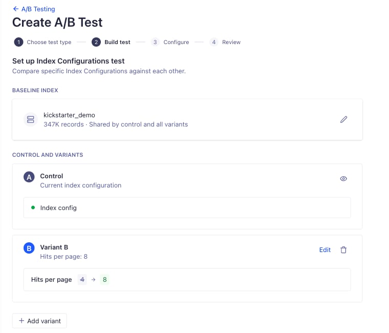 Screenshot of the "Build test" step, showing a baseline index with control and variant configurations.