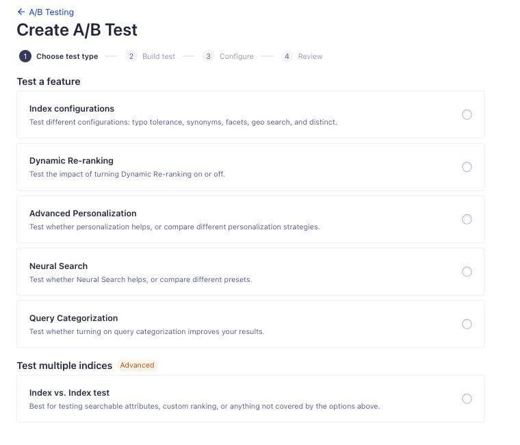 Screenshot of the "Choose test type" step, showing feature, index configuration, and multiple-index options.