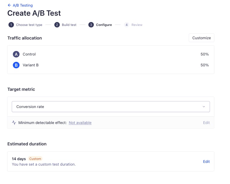 Screenshot of the "Configure" step, showing traffic allocation, target metric, and custom test duration.