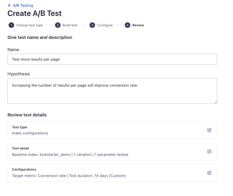 Screenshot of the "Review" step, showing the test name, hypothesis, and configuration summary.