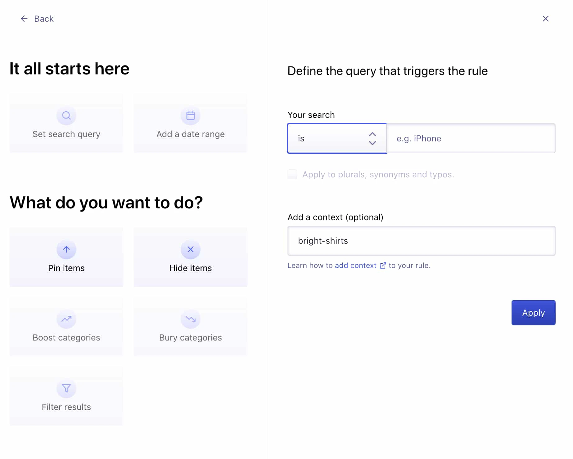Screenshot of a visual merchandising tool with 'bright-shirts' entered in the context field.