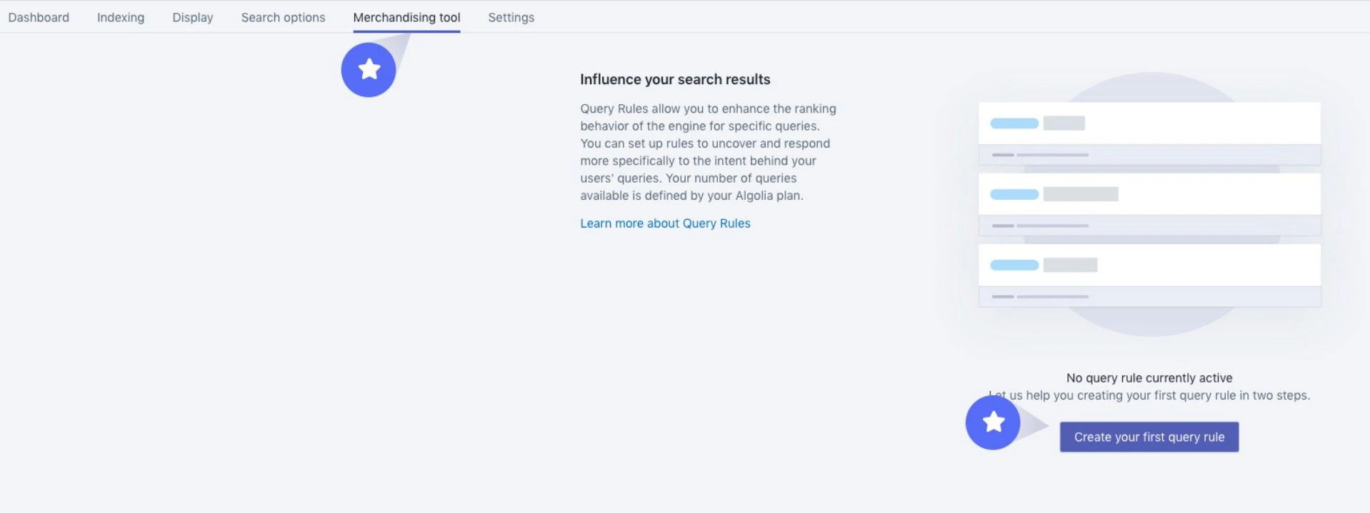Screenshot of the 'Merchandising tool' page showing the 'Create your first query rule' button and a 'No query rule currently active' message.
