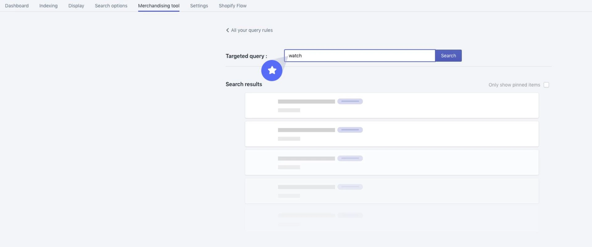 Screenshot of the 'Merchandising tool' page with 'watch' in the 'Targeted query' field and a 'Search' button.