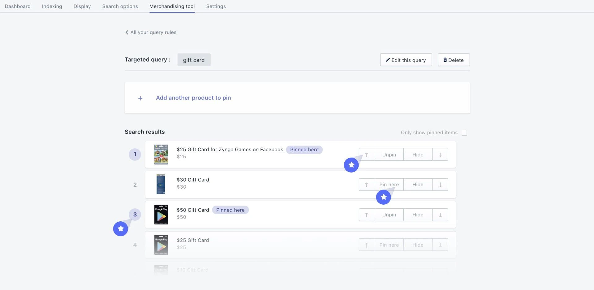 Screenshot of the 'Merchandising tool' page showing gift card products with 'Pin here,' 'Unpin,' and 'Hide' buttons, and a 'Pinned here' label.