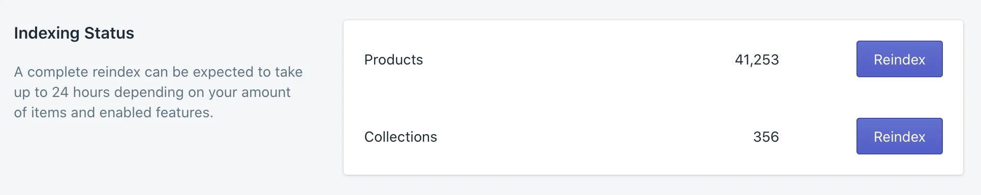 Screenshot of an 'Indexing Status' section showing counts for 'Products' (41,253) and 'Collections' (356), each with a 'Reindex' button.