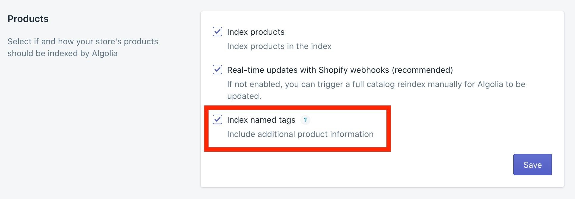 Screenshot of the 'Products' settings section showing the 'Index named tags' option enabled with a red box highlighting it.