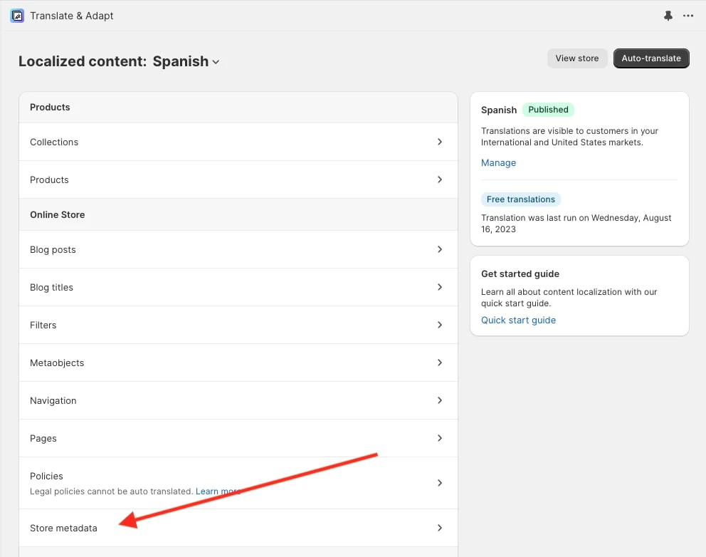 Screenshot of the 'Translate and Adapt' interface with a red arrow pointing to 'Store metadata' under 'Localized content: Spanish'.