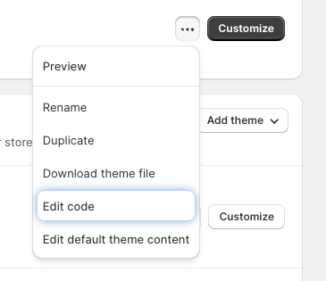 Screenshot of a drop-down menu with options: 'Preview,' 'Rename,' 'Duplicate,' 'Download theme file,' 'Edit code,' and 'Edit default theme content.'