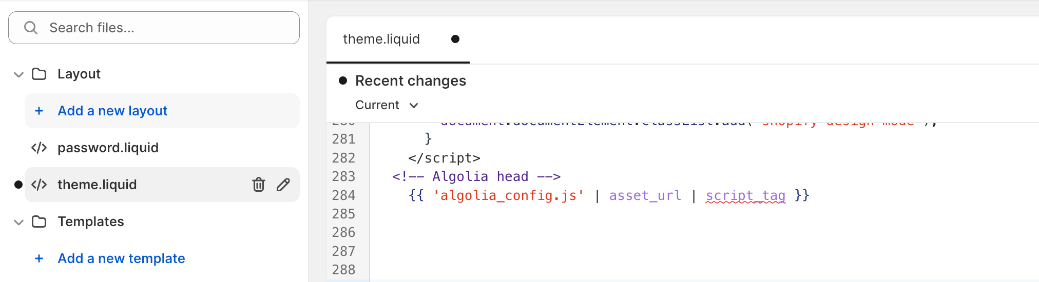 Screenshot of a code editor showing the 'theme.liquid' file with a comment 'Algolia head' and a Liquid tag for loading the Algolia_config.js asset.